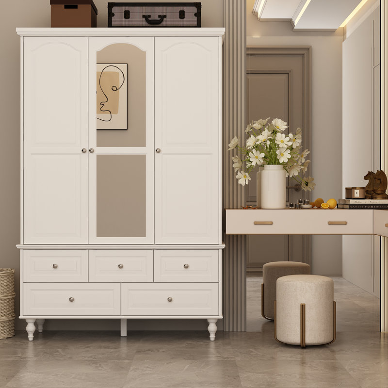 47.2 W Wardrobe Closet with Mirror and Hanging Poles and Drawers Charlton Home Color White